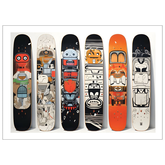 Digital illustrasjon av 6 snowboards ved siden av hverandre, for en unik og stilfull tilnærming til din veggdekor. 