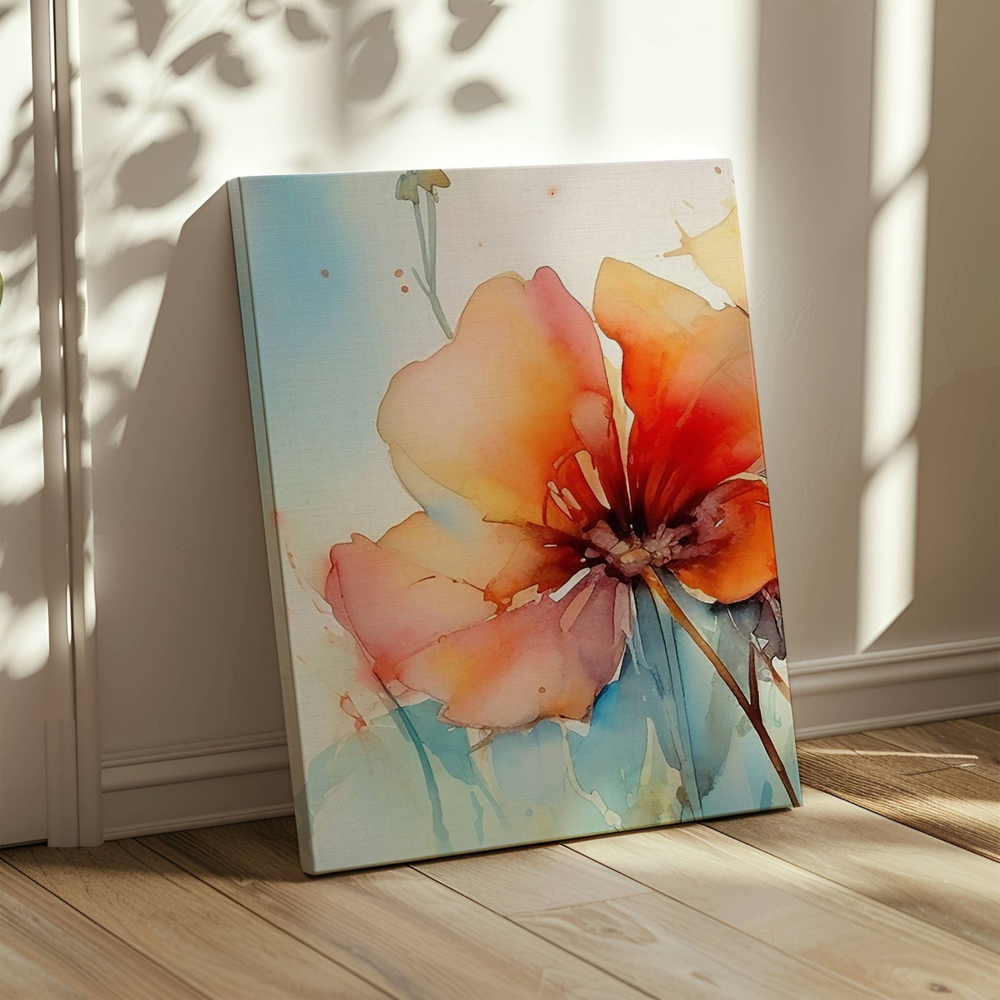 Soft Energy Bloom Collection er en harmonisk og uttrykksfull blomstertrio i akvarellstil. Illustrasjon viser motiv 1 på lerret.