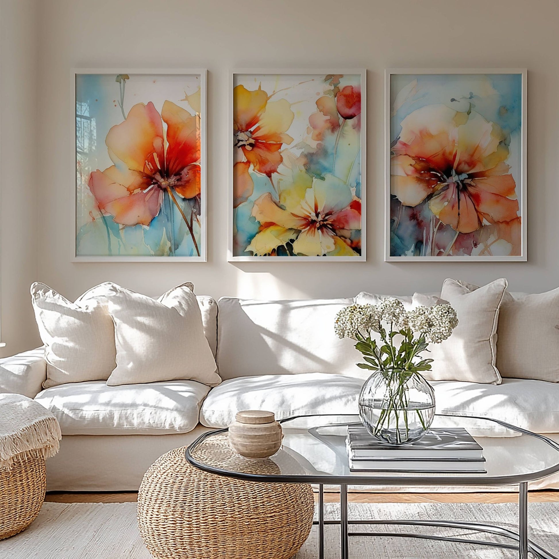 Soft Energy Bloom Collection er en harmonisk og uttrykksfull blomstertrio i akvarellstil. Illustrasjon viser motivene som plakater uten hvit kantlinje i hvit ramme.