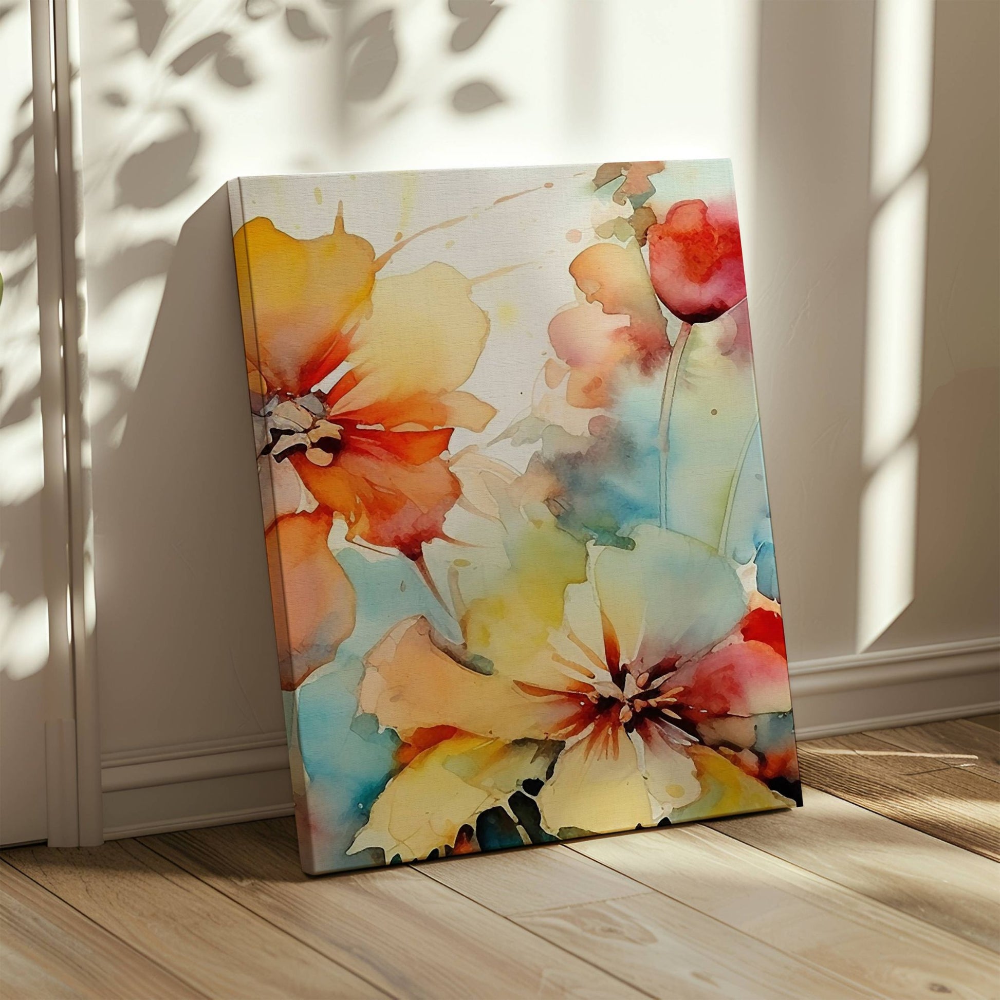 Soft Energy Bloom Collection er en harmonisk og uttrykksfull blomstertrio i akvarellstil. Illustrasjon viser motiv 2 på lerret.