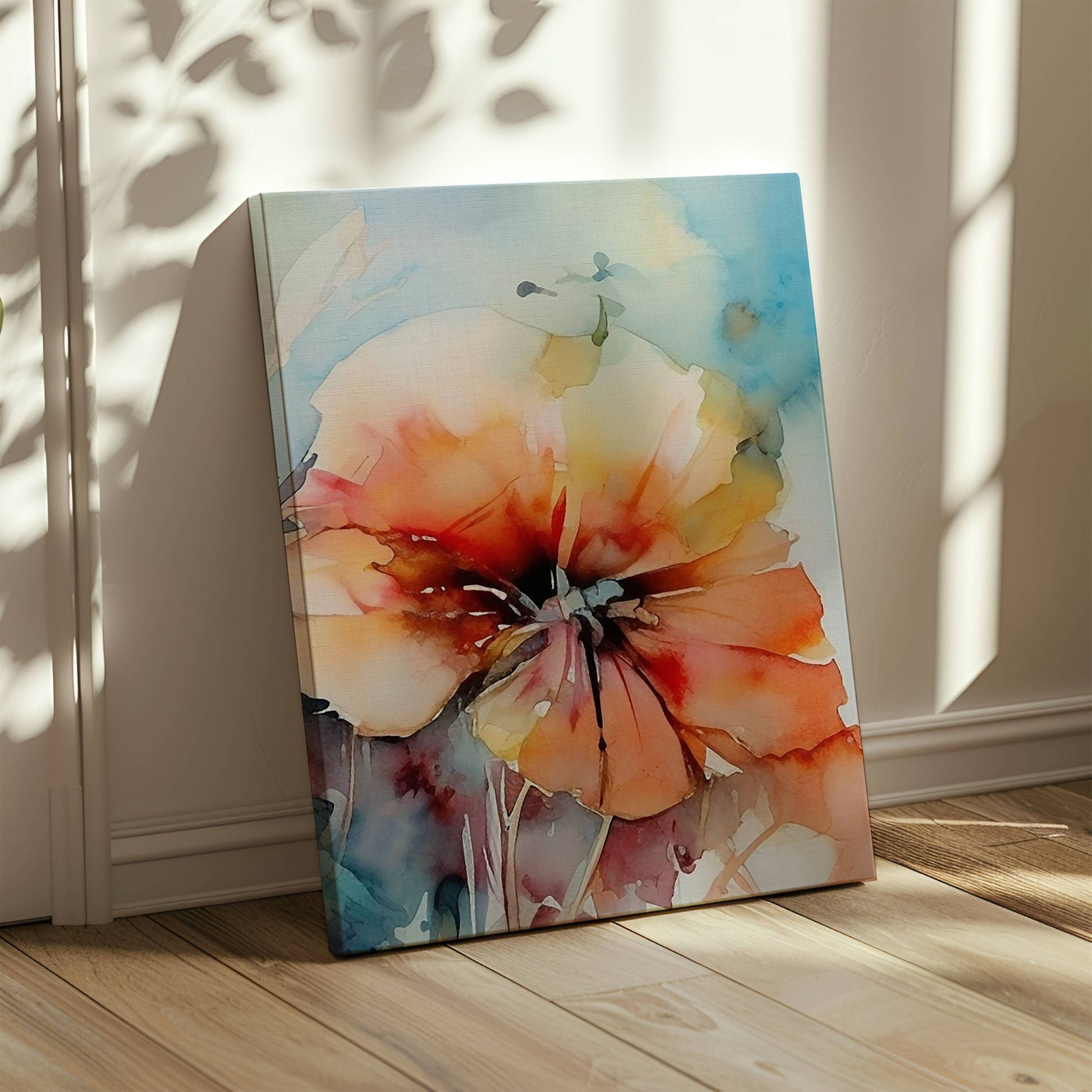 Soft Energy Bloom Collection er en harmonisk og uttrykksfull blomstertrio i akvarellstil. Illustrasjon viser motiv 3 på lerret.