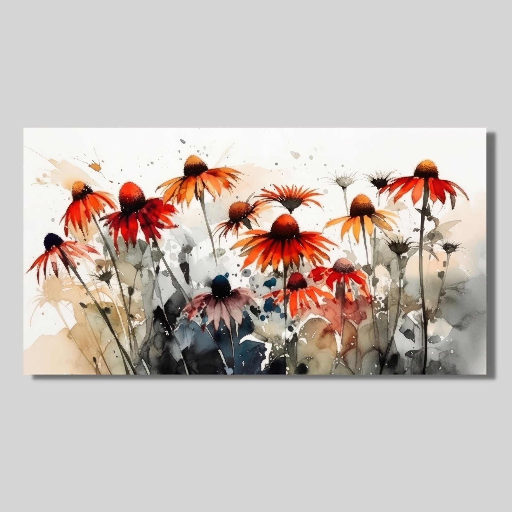 Nydelig abstrakt motiv av en eng med Solhattblomster. Dette er en grafisk fremstilling på lerret, Blomstene er i rød-oransje nyanser.