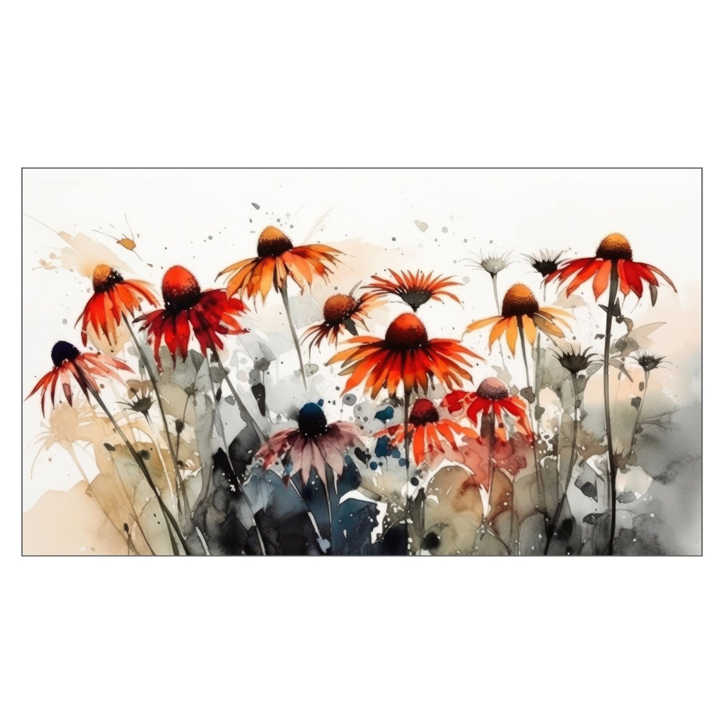 Nydelig abstrakt motiv av en eng med Solhattblomster. Dette er en grafisk fremstilling på lerret, Blomstene er i rød-oransje nyanser.