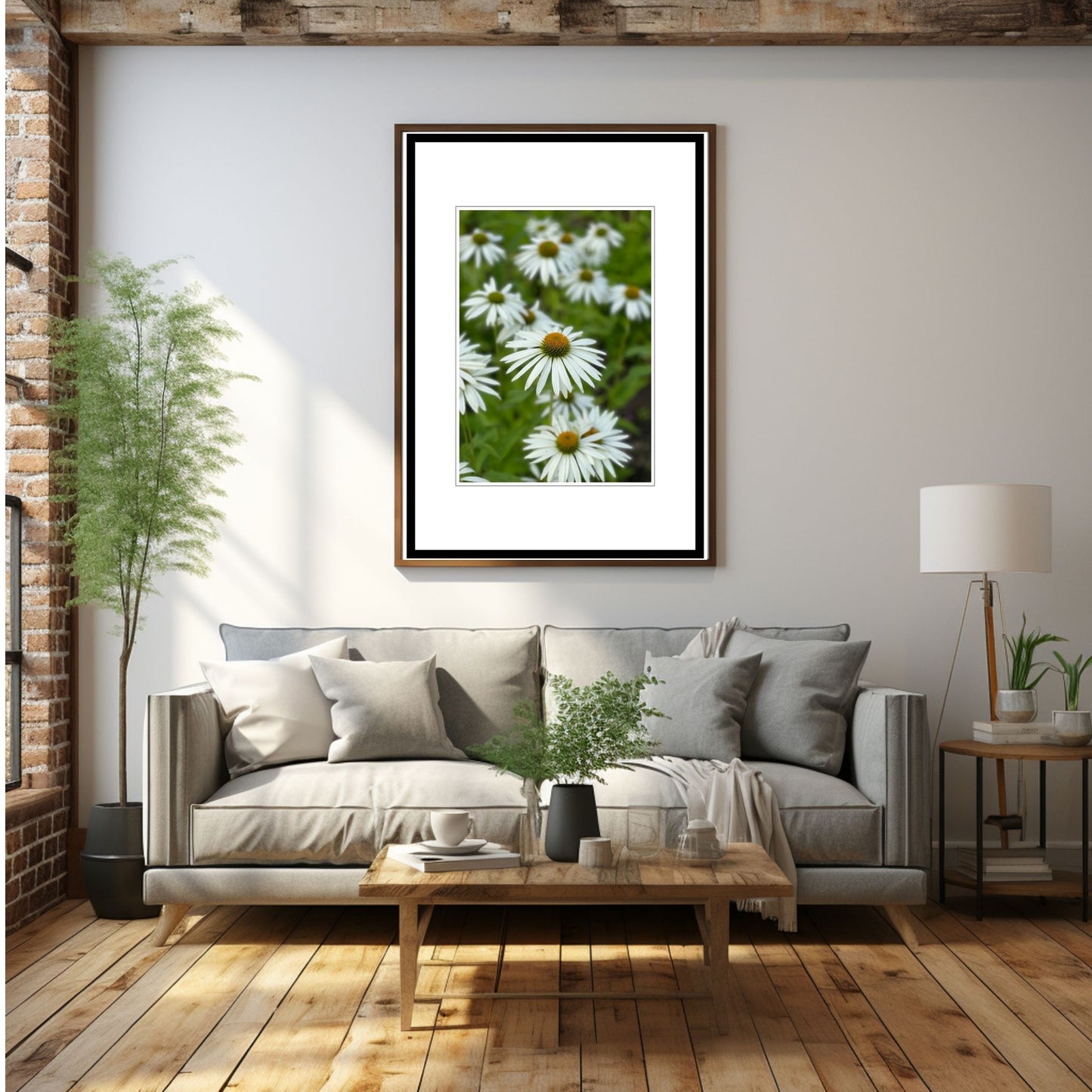 Eng med hvit solhatt i full blomstring. Motivet er dekorativt både som plakat og på lerret. Miljøbildet viser motivet i sort ramme. 