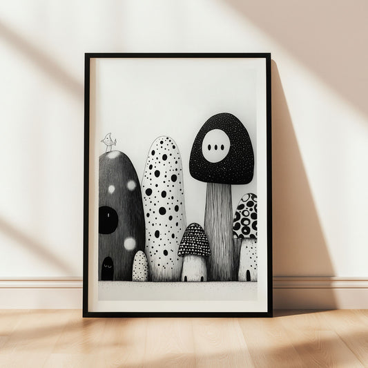 Utforsk den magiske verdenen av sopp med Soppunivers, en unik illustrasjonsplakat eller lerret. Illustrasjon viser motivet som plakat med hvit kant i sort ramme.