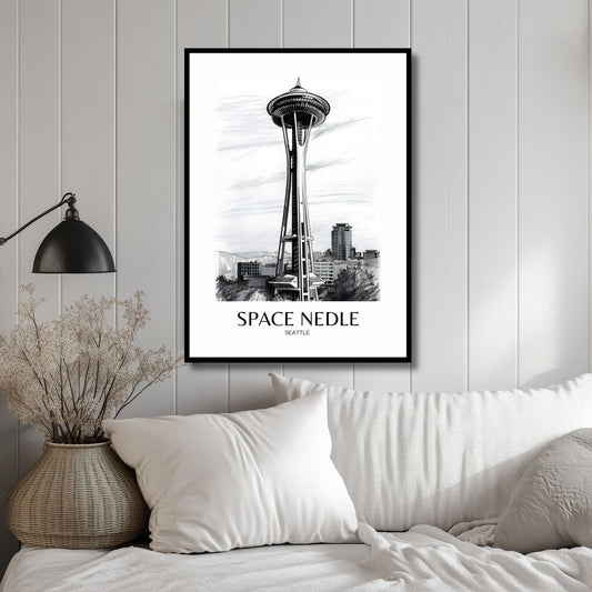 Denne Space Needle Plakaten, er en kunstnerisk tolkning av byens mest ikoniske landemerke. Plakaten fanger den futuristiske arkitekturen og moderne sjarmen til Space Needle, et symbol på innovasjon og stil. Plakat er påført tekst Space Needle. Seattle. Illustrasjon viser plakat i sort ramme.