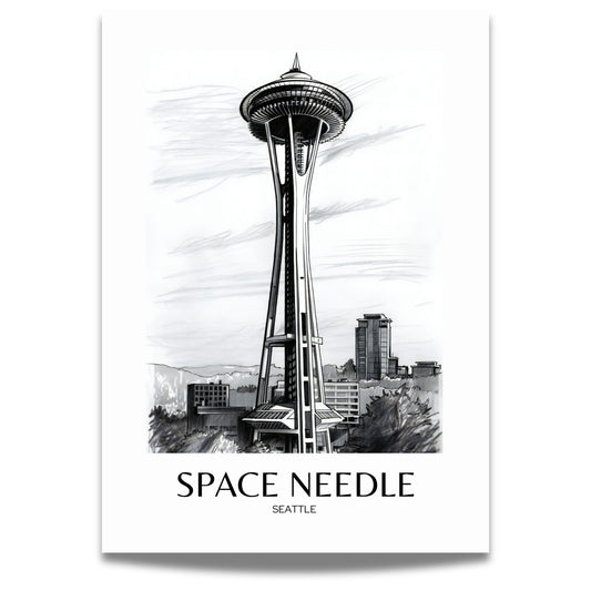 Denne Space Needle Plakaten, er en kunstnerisk tolkning av byens mest ikoniske landemerke. Plakaten fanger den futuristiske arkitekturen og moderne sjarmen til Space Needle, et symbol på innovasjon og stil. Plakat er påført tekst Space Needle. Seattle.