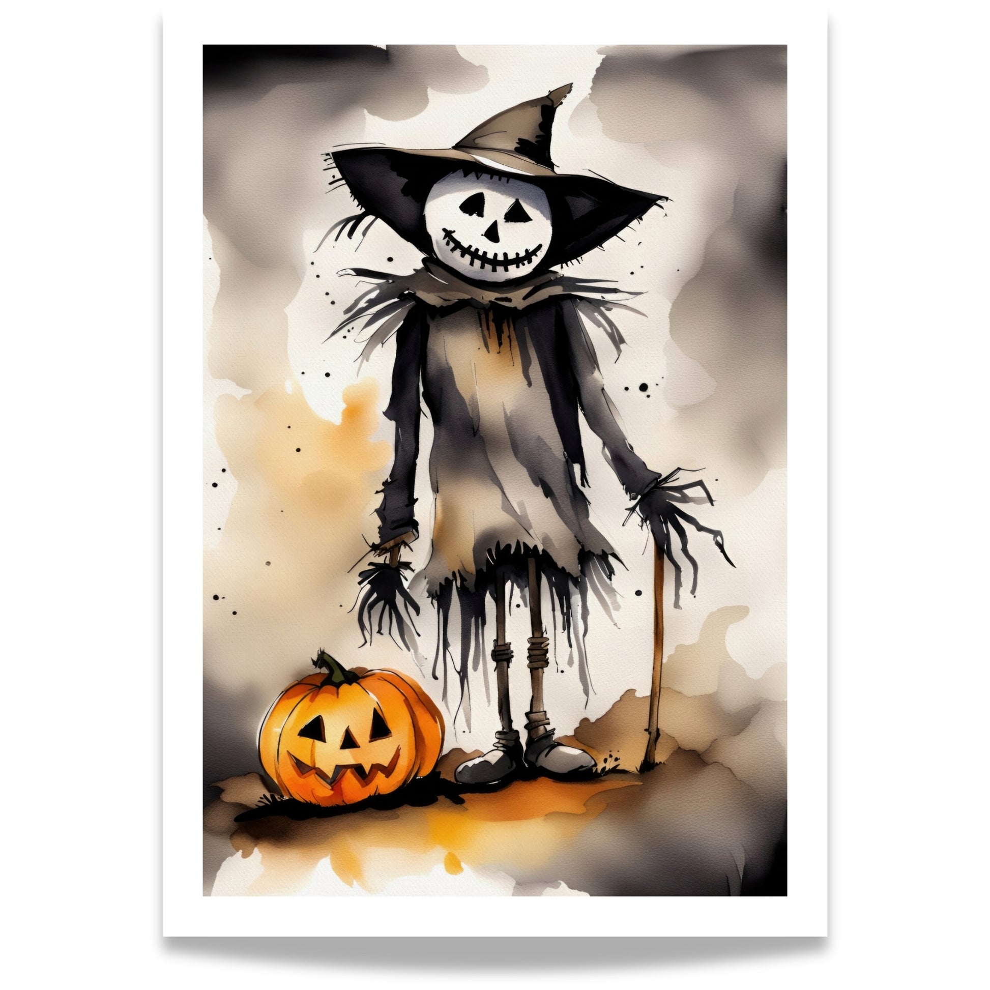 Denne plakaten viser et skummelt fugleskremsel med et bredt, skjelettaktig smil, akkompagnert av et tradisjonelt Jack-O'-Lantern gresskar. 