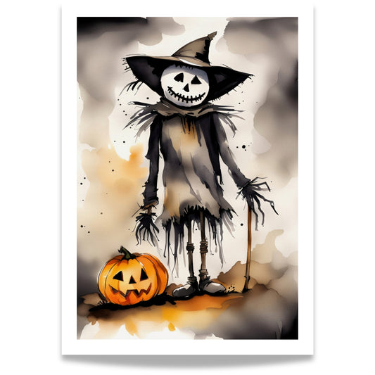 Denne plakaten viser et skummelt fugleskremsel med et bredt, skjelettaktig smil, akkompagnert av et tradisjonelt Jack-O'-Lantern gresskar. 