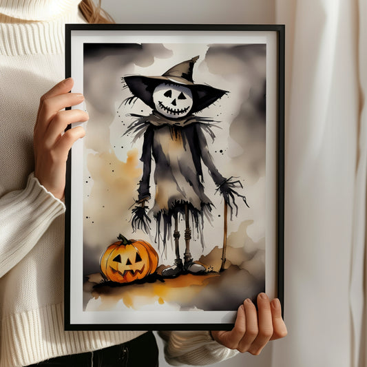 Denne plakaten viser et skummelt fugleskremsel med et bredt, skjelettaktig smil, akkompagnert av et tradisjonelt Jack-O'-Lantern gresskar. Illustrasjonsfoto viser plakat i sort ramme.