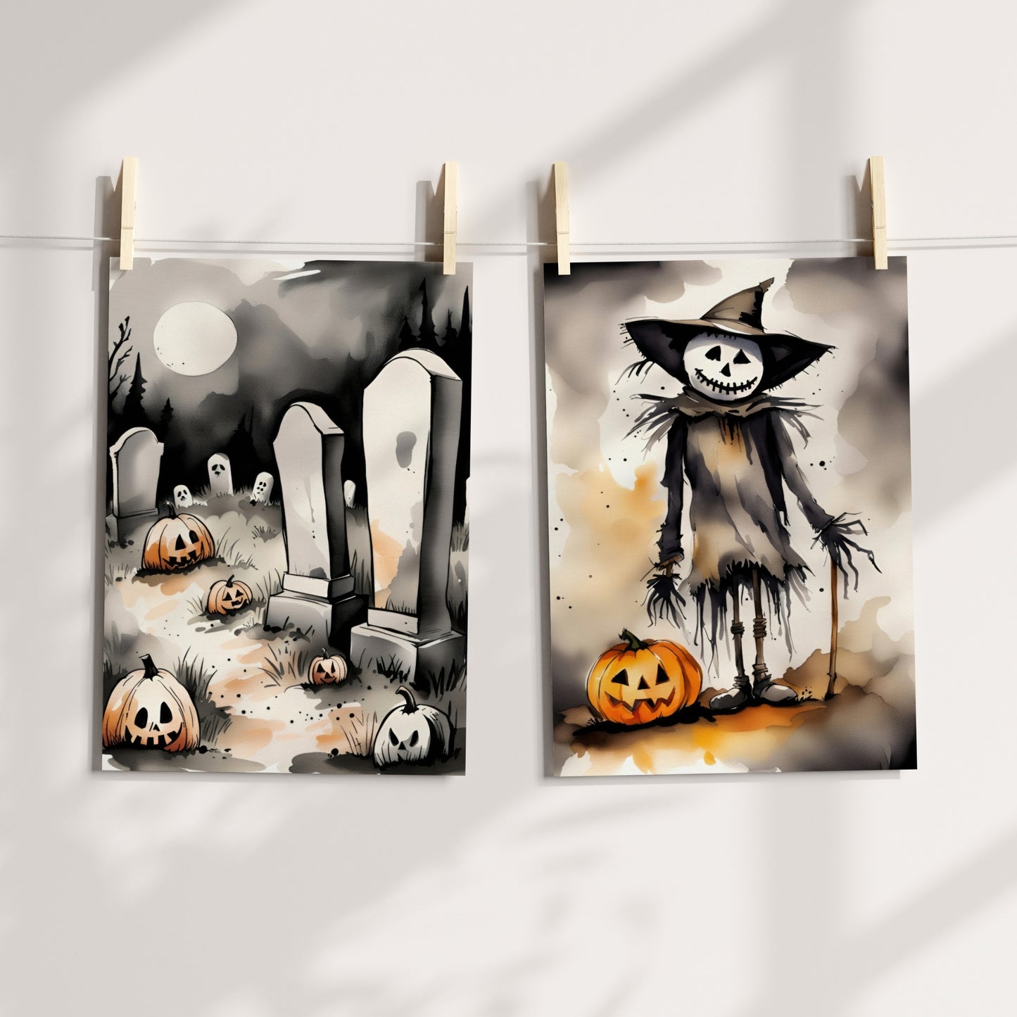 Denne plakaten viser et skummelt fugleskremsel med et bredt, skjelettaktig smil, akkompagnert av et tradisjonelt Jack-O'-Lantern gresskar. Illustrasjonsfoto viser plakat på print hengt opp på en snor med klyper.