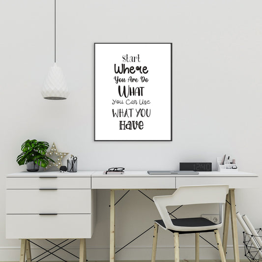 Grafisk tekstplakat med tekst "Start where you are, do what you can, use what you have" med sort tekst på hvit bakgrunn. Illustrasjon viser plakat i sort ramme på en vegg over et skrivebord.