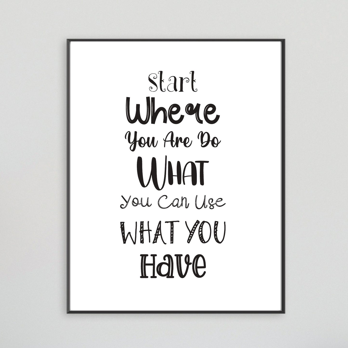 Grafisk tekstplakat med tekst "Start where you are, do what you can, use what you have" med sort tekst på hvit bakgrunn. Illustrasjon viser plakat i sort ramme på en vegg.