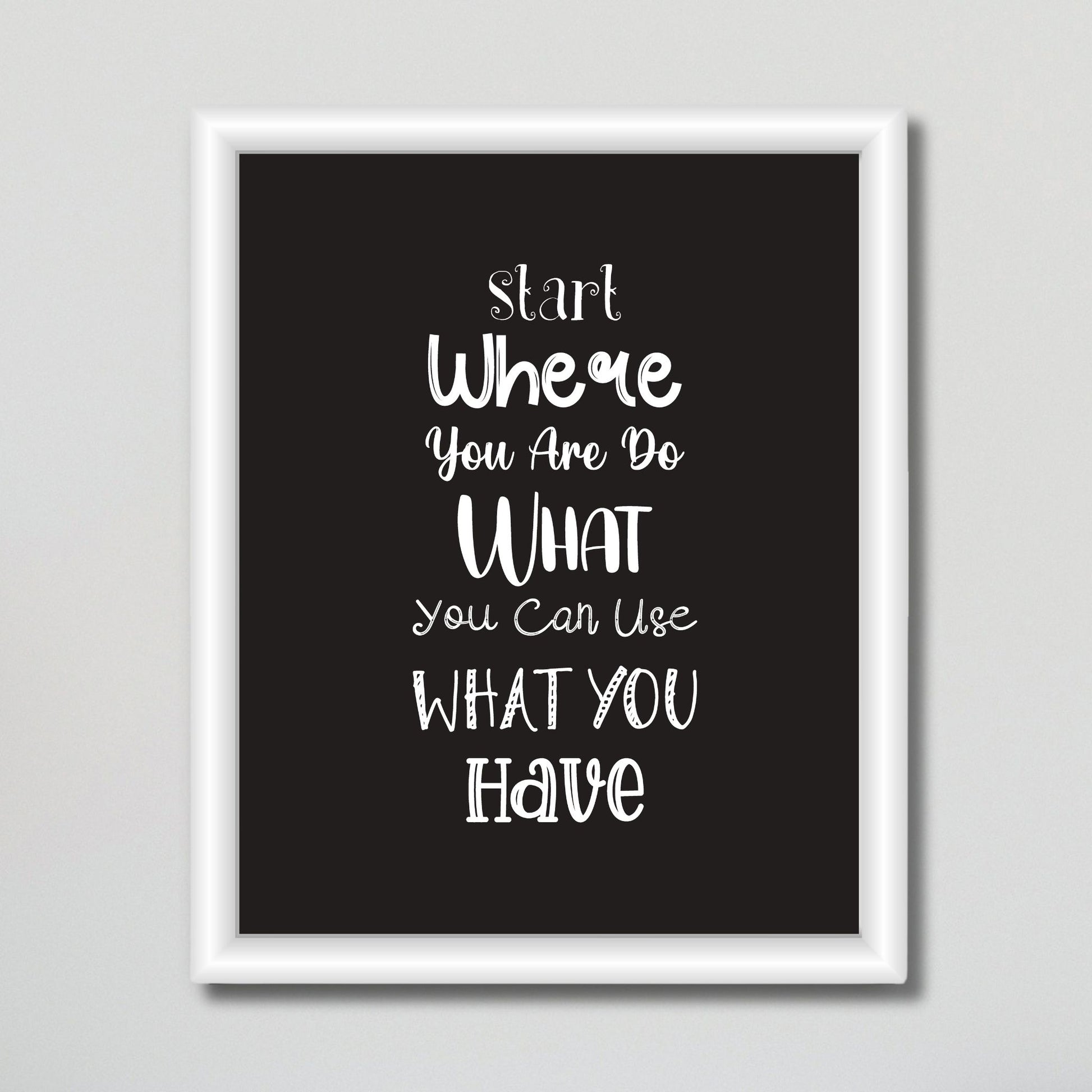 Grafisk tekstplakat med tekst "Start where you are, do what you can, use what you have" med hvit tekst på sort bakgrunn. Illustrasjon viser plakat i hvit ramme på en vegg.