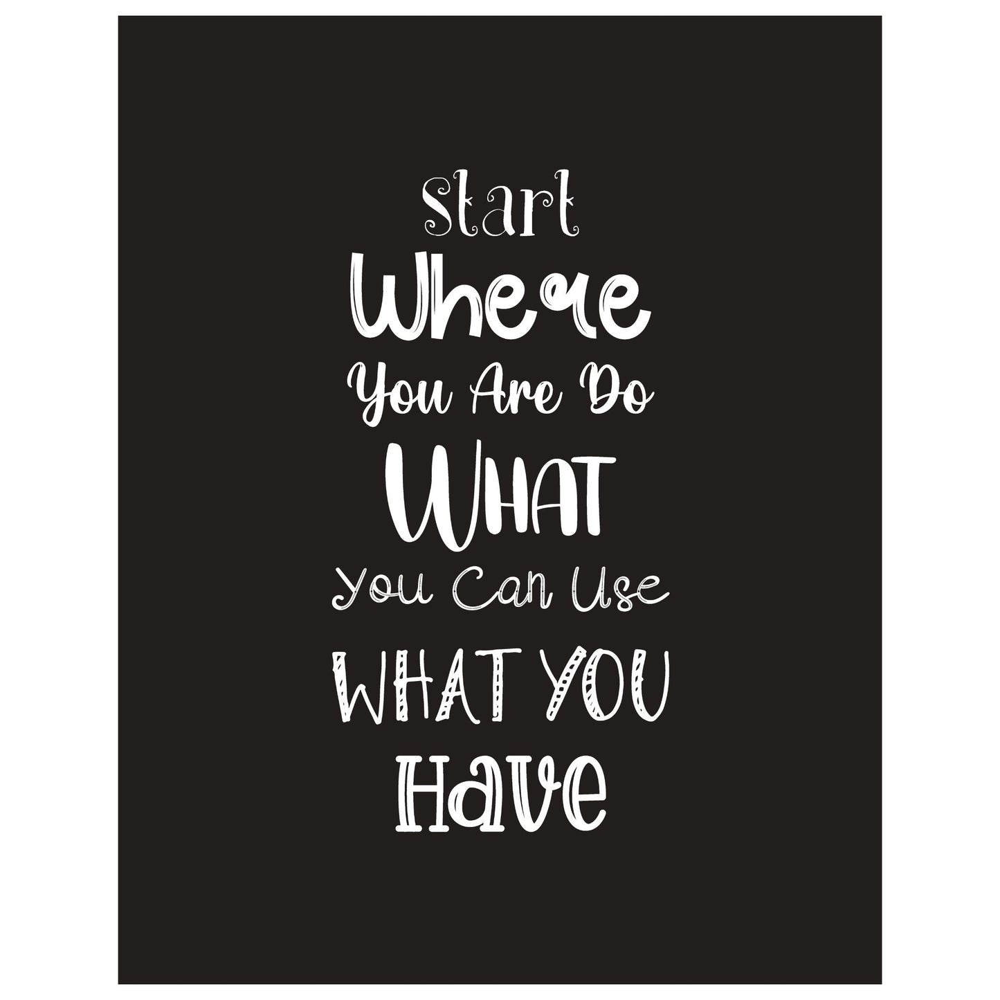 Grafisk tekstplakat med tekst "Start where you are, do what you can, use what you have" med hvit tekst på sort bakgrunn. 