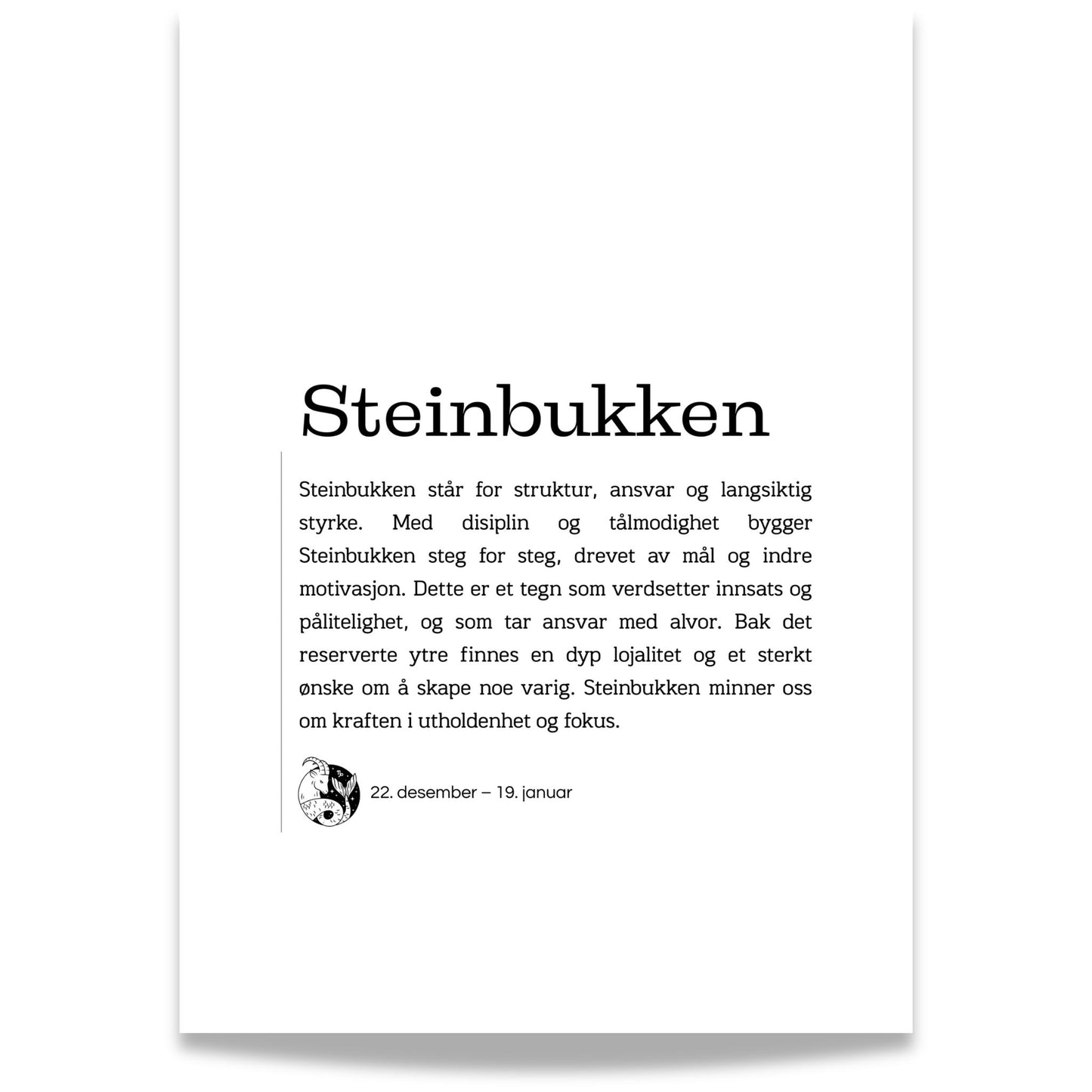 Minimalistisk stjernetegnplakat for Steinbukken med typografisk tekst og rolig, nordisk uttrykk