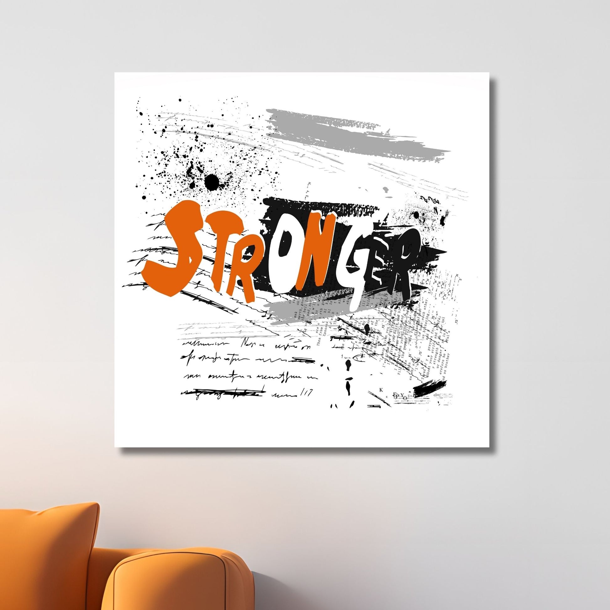 Denne unike grafiske graffiti-illustrasjonen fremhever ordet "Stronger" med iøynefallende bokstaver i svart, hvit og oransje på hvit bakgrunn. Illustrasjonsfoto viser plakaten på lerret.