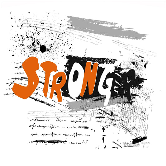 Denne unike grafiske graffiti-illustrasjonen fremhever ordet "Stronger" med iøynefallende bokstaver i svart, hvit og oransje på hvit bakgrunn.