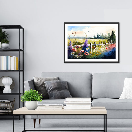 Denne grafiske akvarellen, fremstilt med kunstig intelligens, fanger essensen av et sommerlig landskap.  Illustrasjonsfoto viser motivet som plakat i sort ramme.