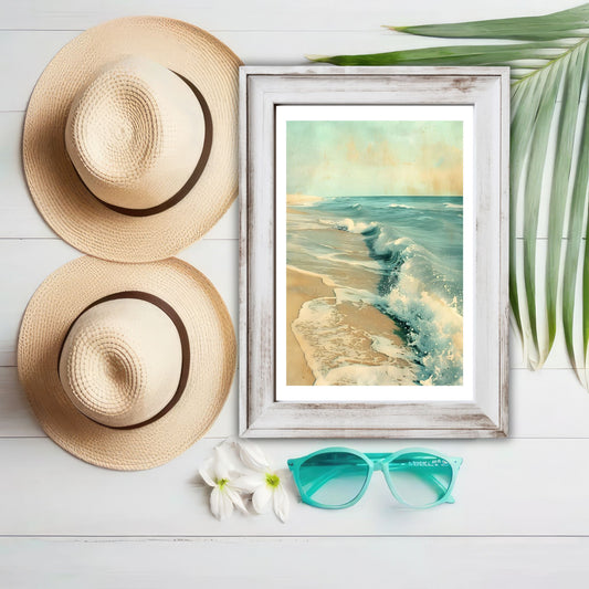 Dette spesifikke plakatmotivet viser bølger som slår innover en sandstrand, perfekt for å bringe den avslappende sommerstemningen inn i ditt hjem. Illustrasjonsbilde viser motivet som plakat i en rustikk ramme.