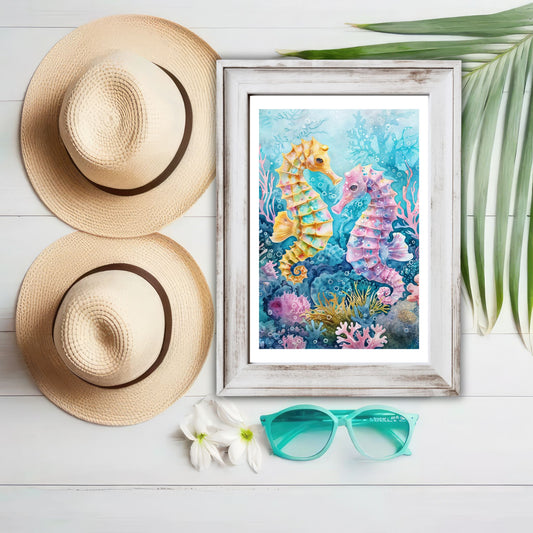 Dette spesifikke plakatmotivet viser en illustrasjon av to fargerike havhester som omgir seg med blått hav og koraller, perfekt for å bringe den avslappende sommerstemningen inn i ditt hjem. Illustrasjonsfoto viser motivet som plakat i en rustikk ramme.
