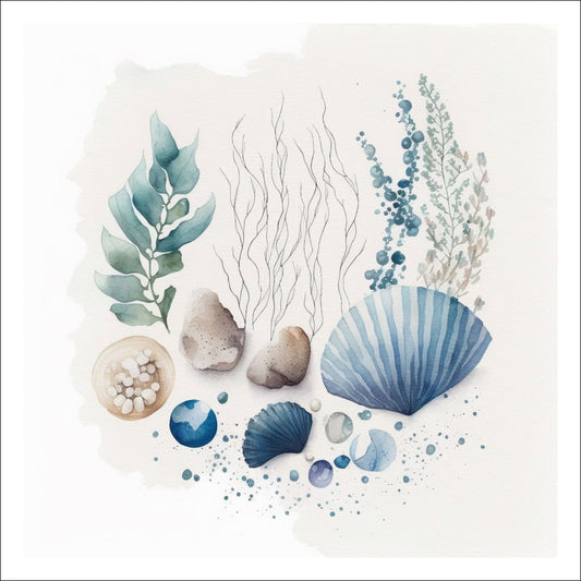 Dette grafiske motivet viser tang og skjell, elementer fra havet. 
