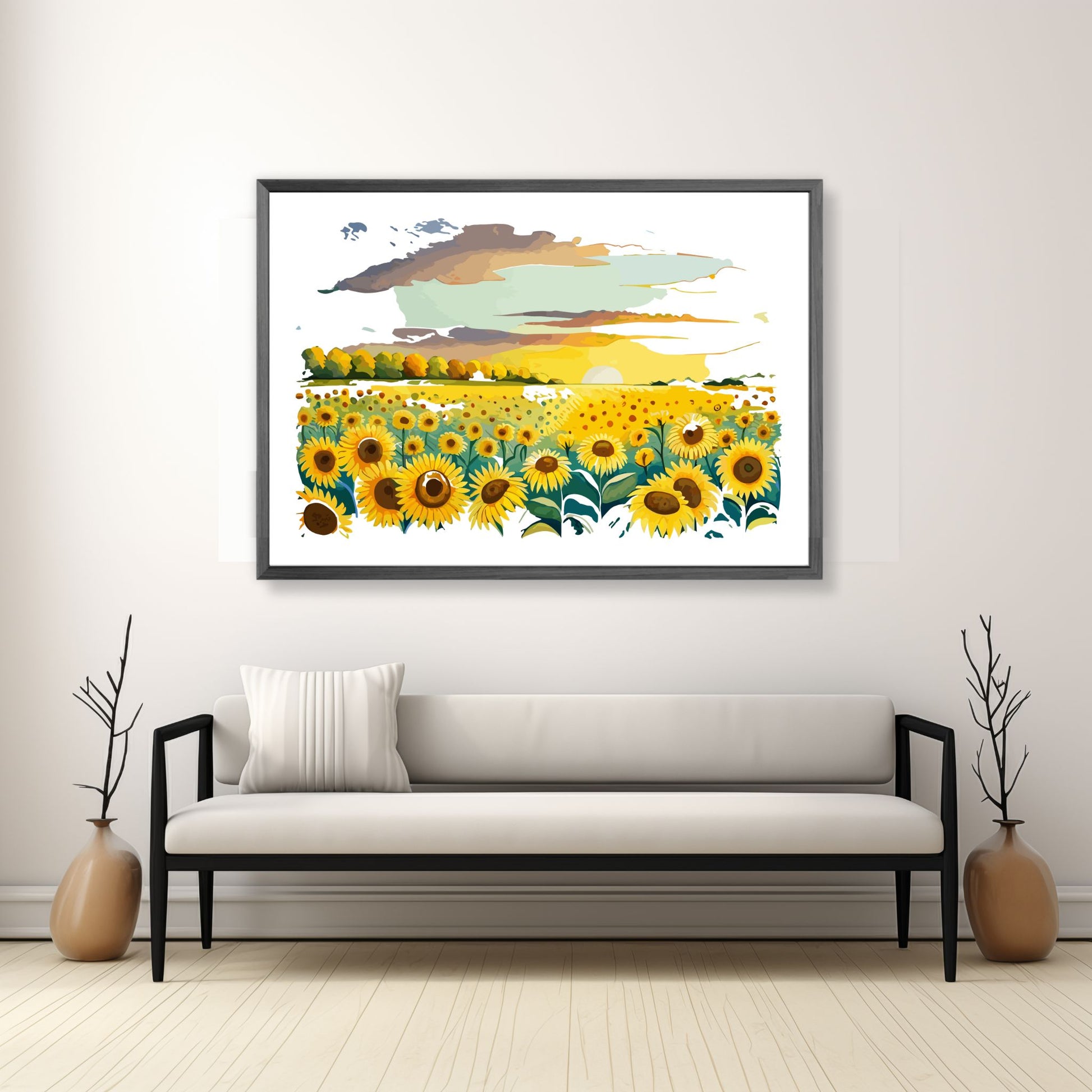 Opplev skjønnheten i naturen med "Sunflower Fields" plakat fra vår unike serie grafiske akvarellmalerier.  Illustrasjonsfoto viser plakat i mørk grå ramme.