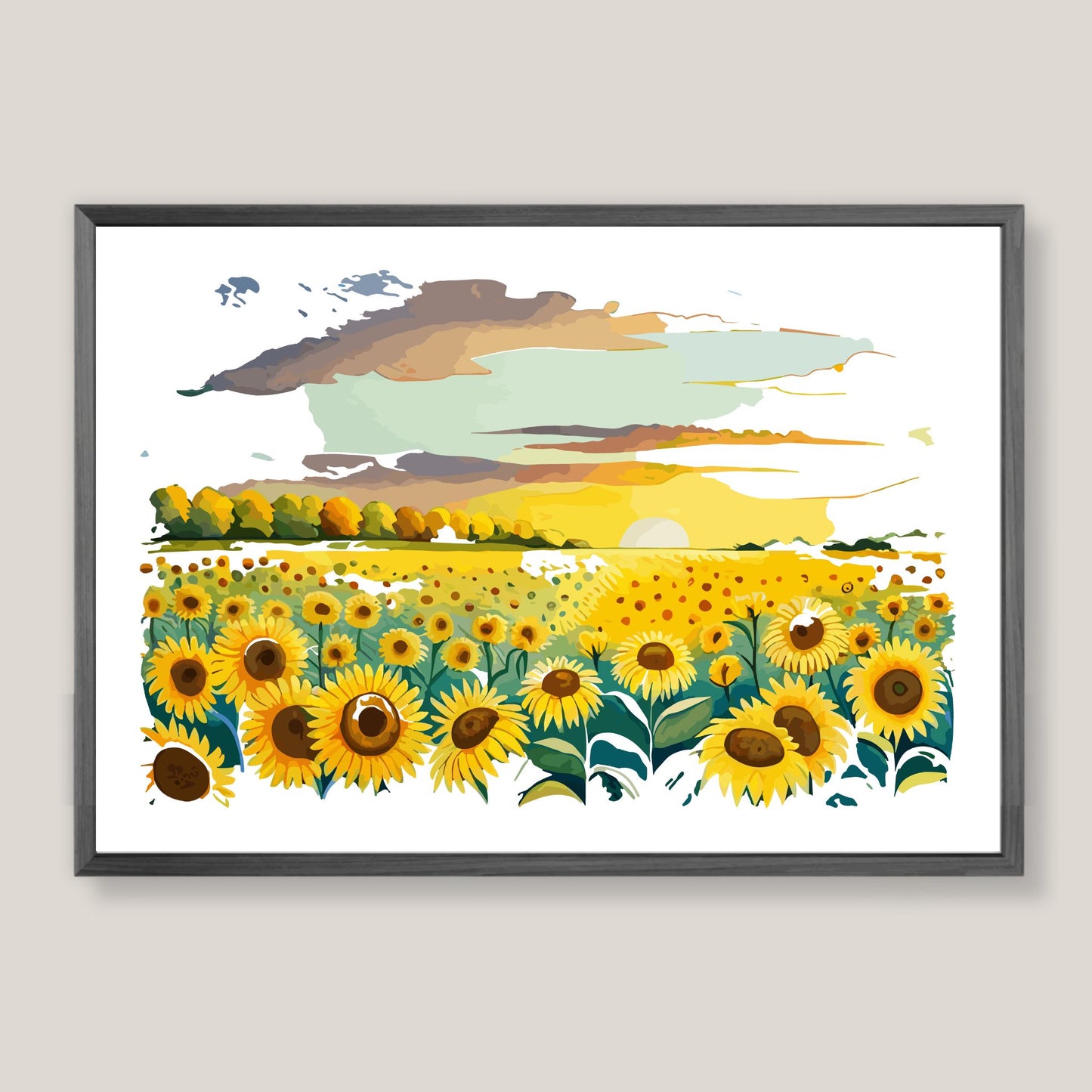Opplev skjønnheten i naturen med "Sunflower Fields" plakat fra vår unike serie grafiske akvarellmalerier.  Illustrasjonsfoto viser plakat i mørk grå ramme.