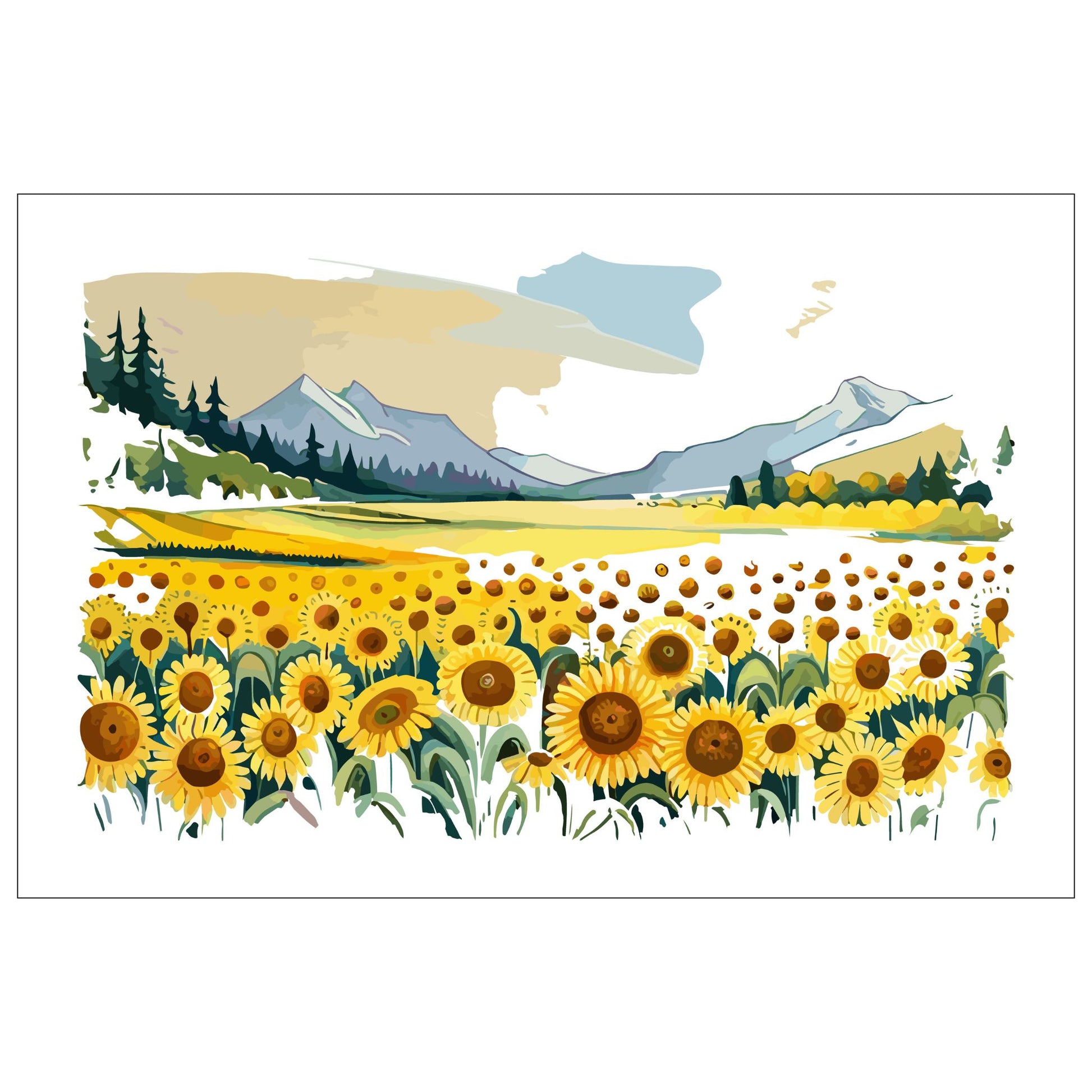Opplev skjønnheten i naturen med "Sunflower Fields" plakat fra vår unike serie grafiske akvarellmalerier. 