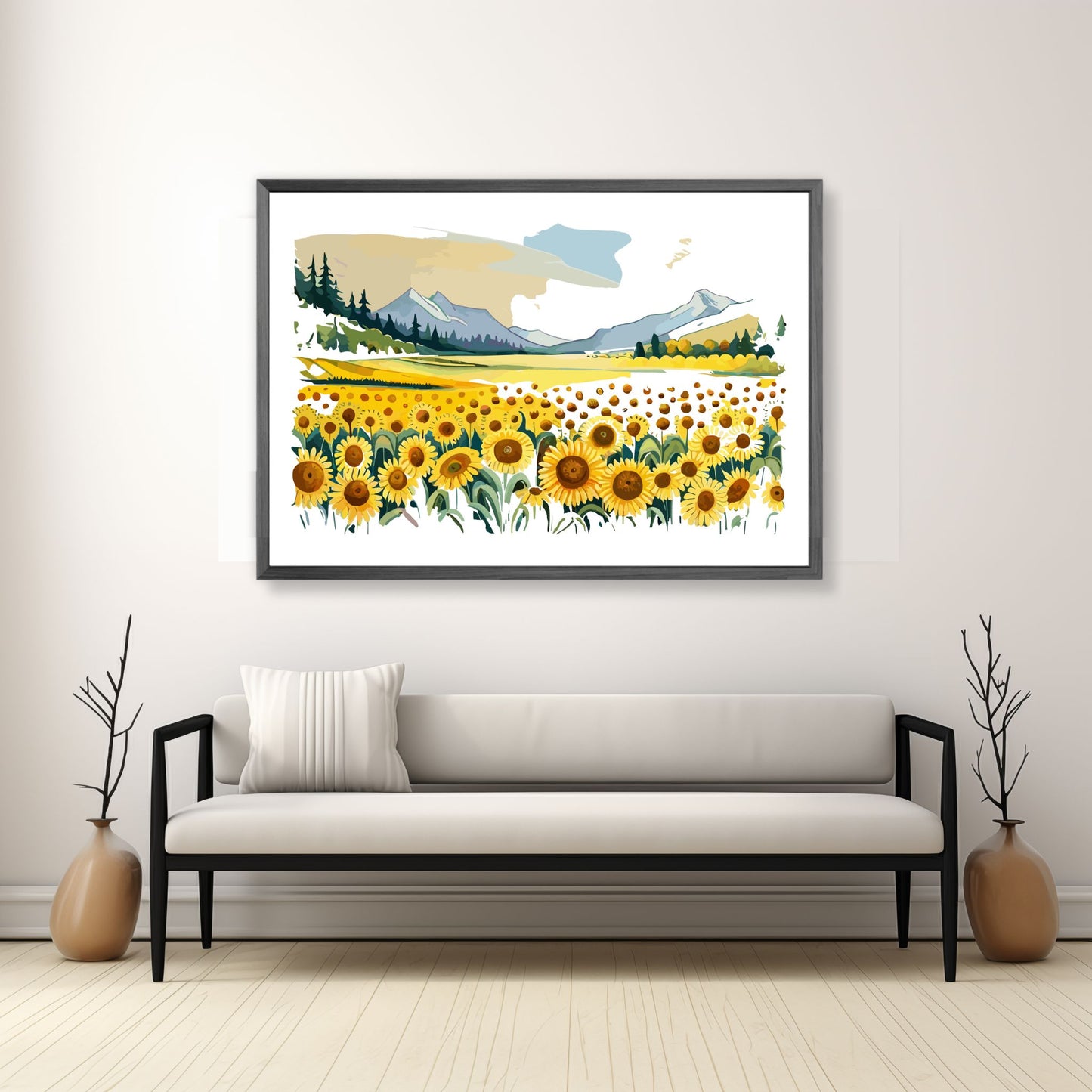 Opplev skjønnheten i naturen med "Sunflower Fields" plakat fra vår unike serie grafiske akvarellmalerier.  Illustrasjonsfoto viser plakat i mørk grå ramme.