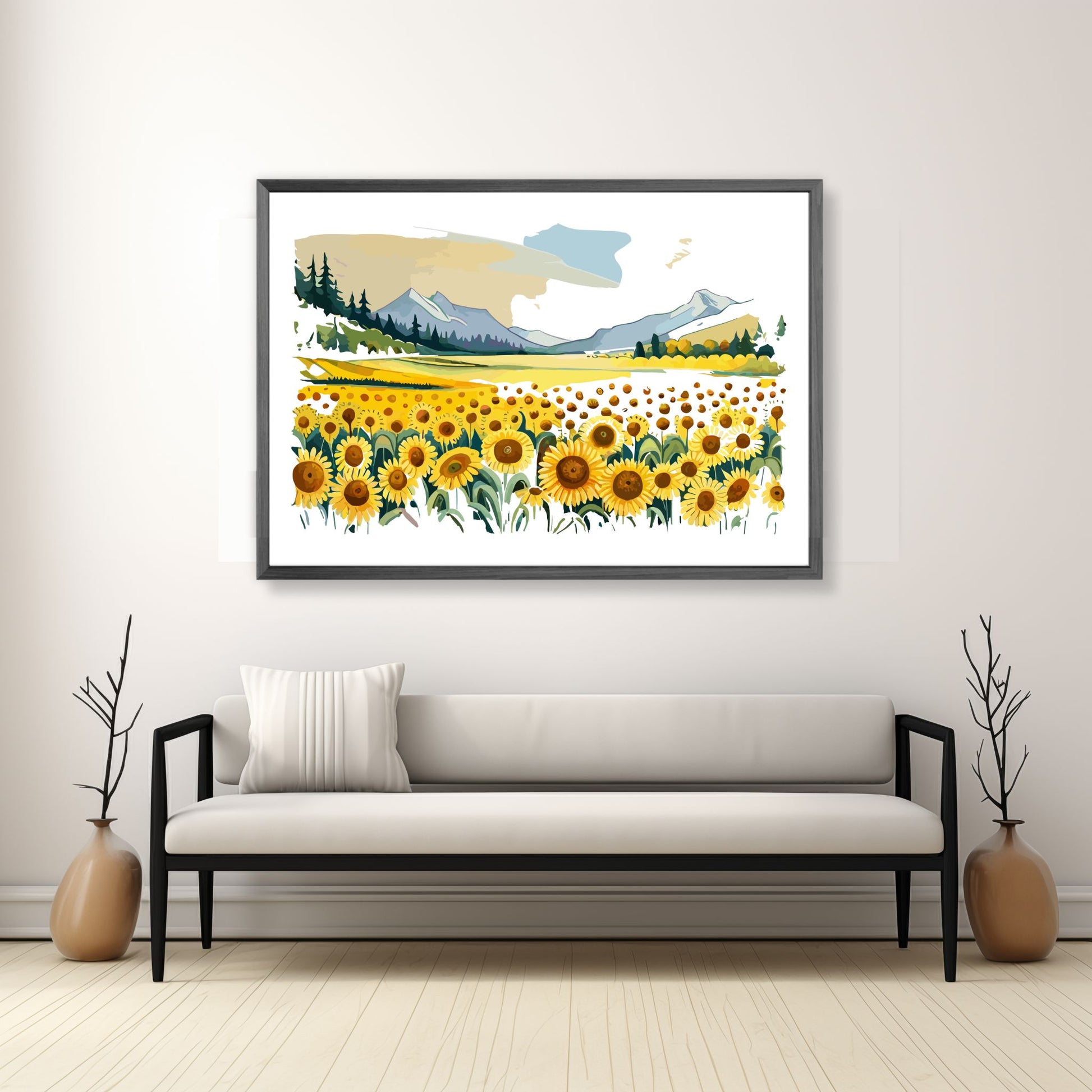 Opplev skjønnheten i naturen med "Sunflower Fields" plakat fra vår unike serie grafiske akvarellmalerier.  Illustrasjonsfoto viser plakat i mørk grå ramme.