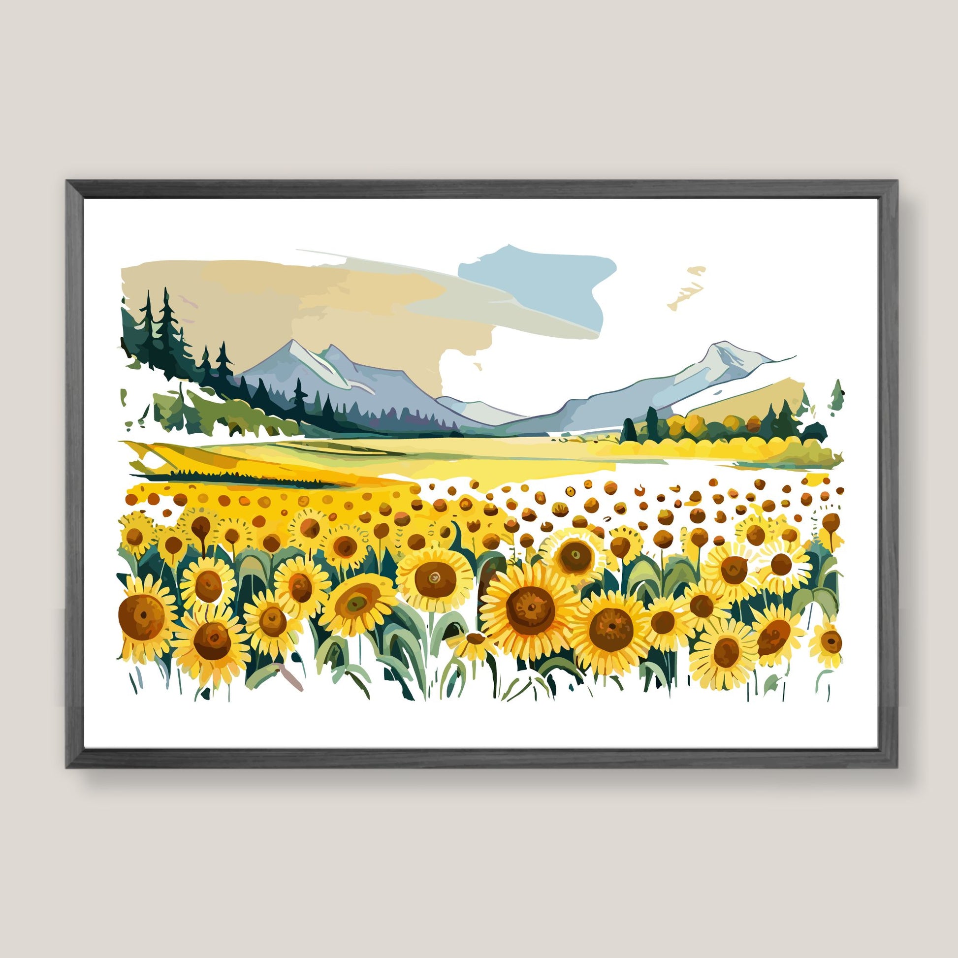 Opplev skjønnheten i naturen med "Sunflower Fields" plakat fra vår unike serie grafiske akvarellmalerier.  Illustrasjonsfoto viser plakat i mørk grå ramme.