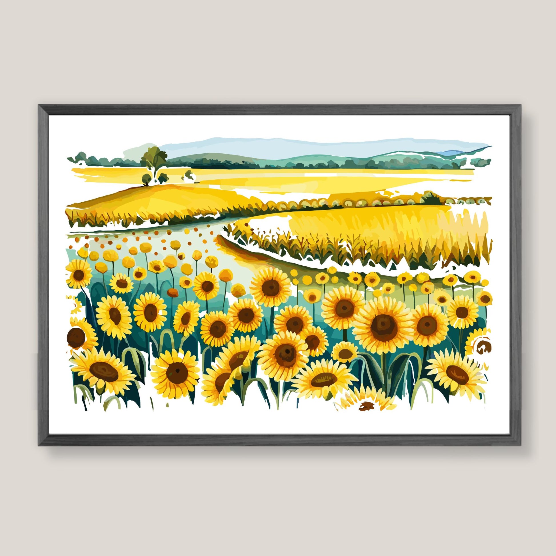 Opplev skjønnheten i naturen med "Sunflower Fields" plakat fra vår unike serie grafiske akvarellmalerier.  Illustrasjonsfoto viser plakat i mørk grå ramme.