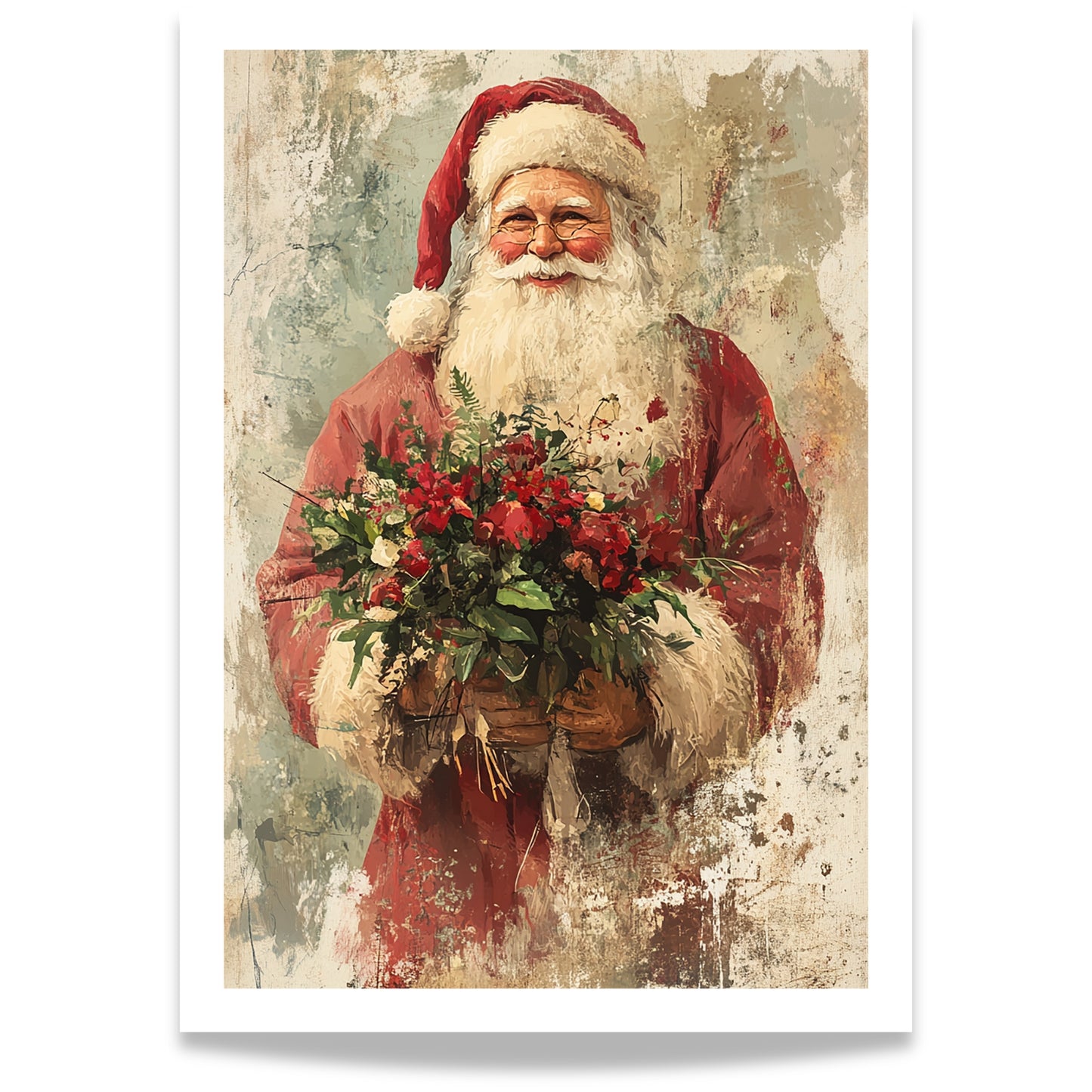 Et klassisk julemotiv med en vennlig nisse som holder en frodig bukett røde blomster. Et tidløst bilde med autentisk vintage-stil og rustikk sjarm.