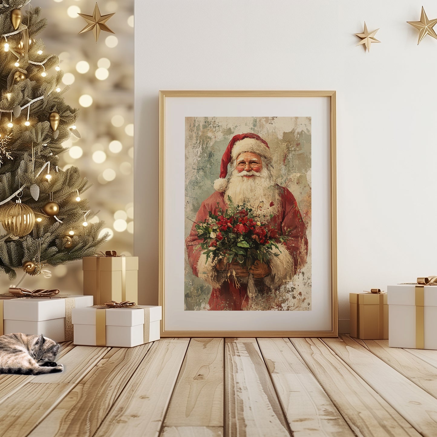 Et klassisk julemotiv med en vennlig nisse som holder en frodig bukett røde blomster. Et tidløst bilde med autentisk vintage-stil og rustikk sjarm. Illustrasjon viser plakat med passepartout i ramme.