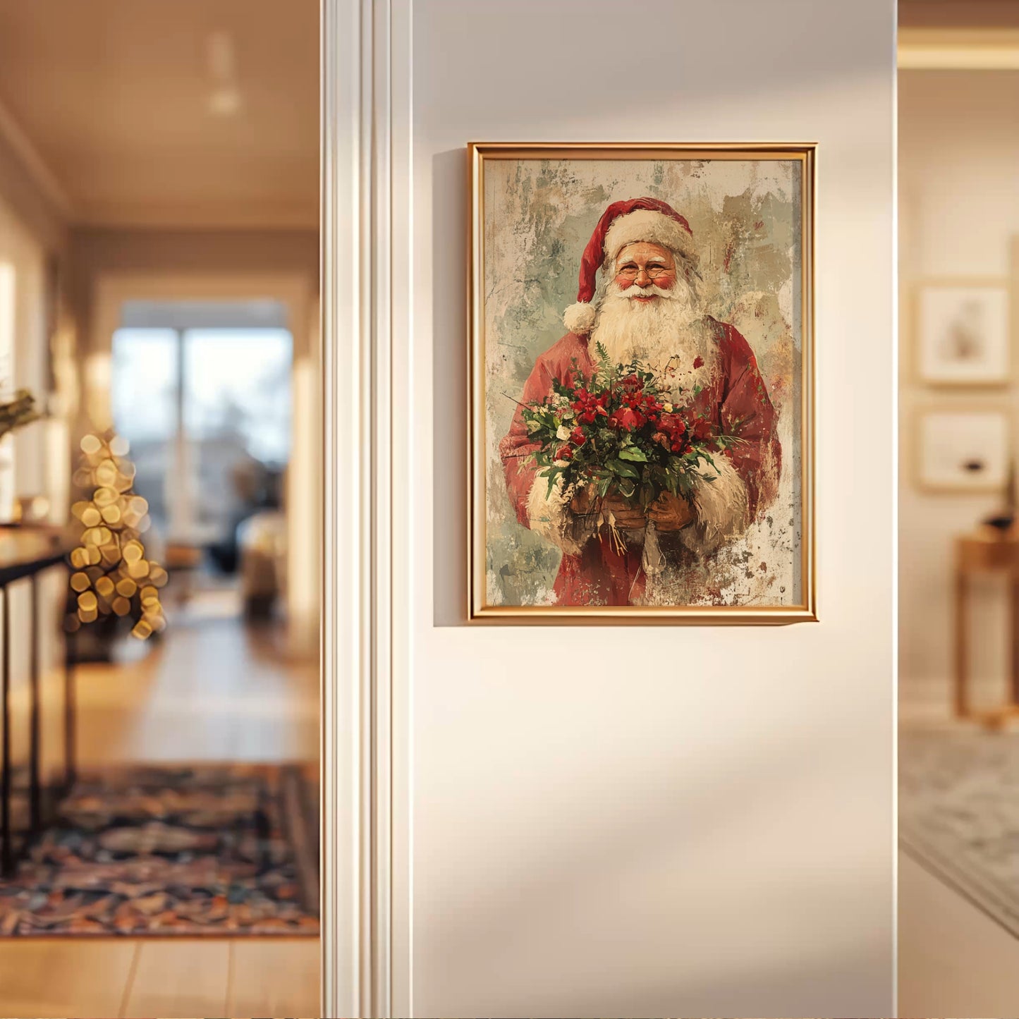 Et klassisk julemotiv med en vennlig nisse som holder en frodig bukett røde blomster. Et tidløst bilde med autentisk vintage-stil og rustikk sjarm. Illustrasjon viser plakat uten hvit kantlinje i ramme.