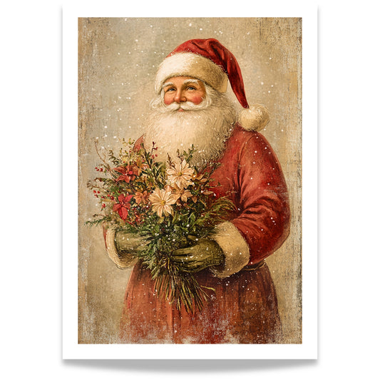 En klassisk julenisse med blomsterbukett i hånden, gjengitt i varme toner og vintage-stil. Et sjarmerende motiv som kombinerer julens ikoniske skikkelse med vinterens botaniske skjønnhet.