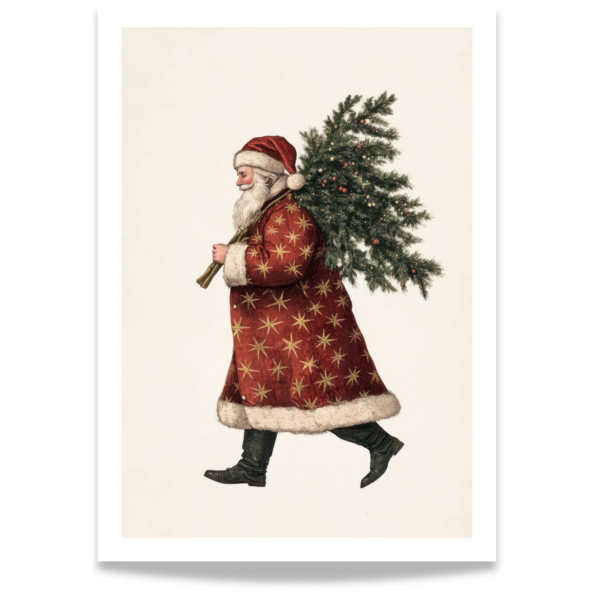 En klassisk julenisse i rød frakk med stjerner, som bærer et lite juletre over skulderen. Et nostalgisk motiv som fanger tradisjon og varme i ett bilde.