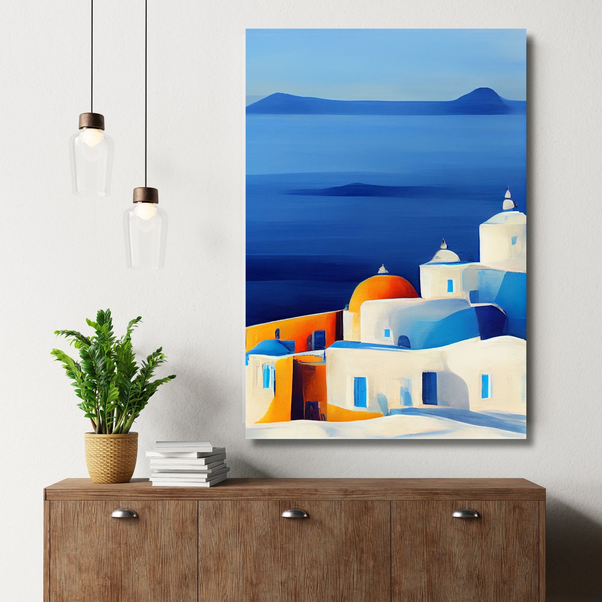 La deg forføre av Santorinis magiske skjønnhet med vår fantastiske kolleksjon av grafiske plakater og lerret. Illustrasjon viser motivet som plakat med hvit kant i brun ramme.
