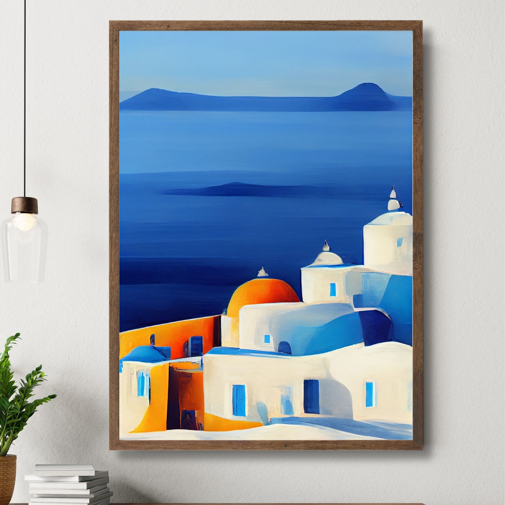 La deg forføre av Santorinis magiske skjønnhet med vår fantastiske kolleksjon av grafiske plakater og lerret. Illustrasjon viser motivet som plakat i brun ramme.