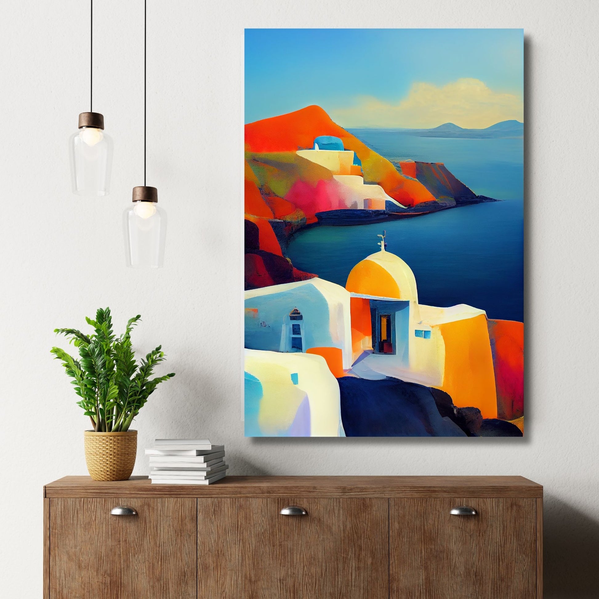 La deg forføre av Santorinis magiske skjønnhet med vår fantastiske kolleksjon av grafiske plakater og lerret. Illustrasjon viser motivet på lerret..