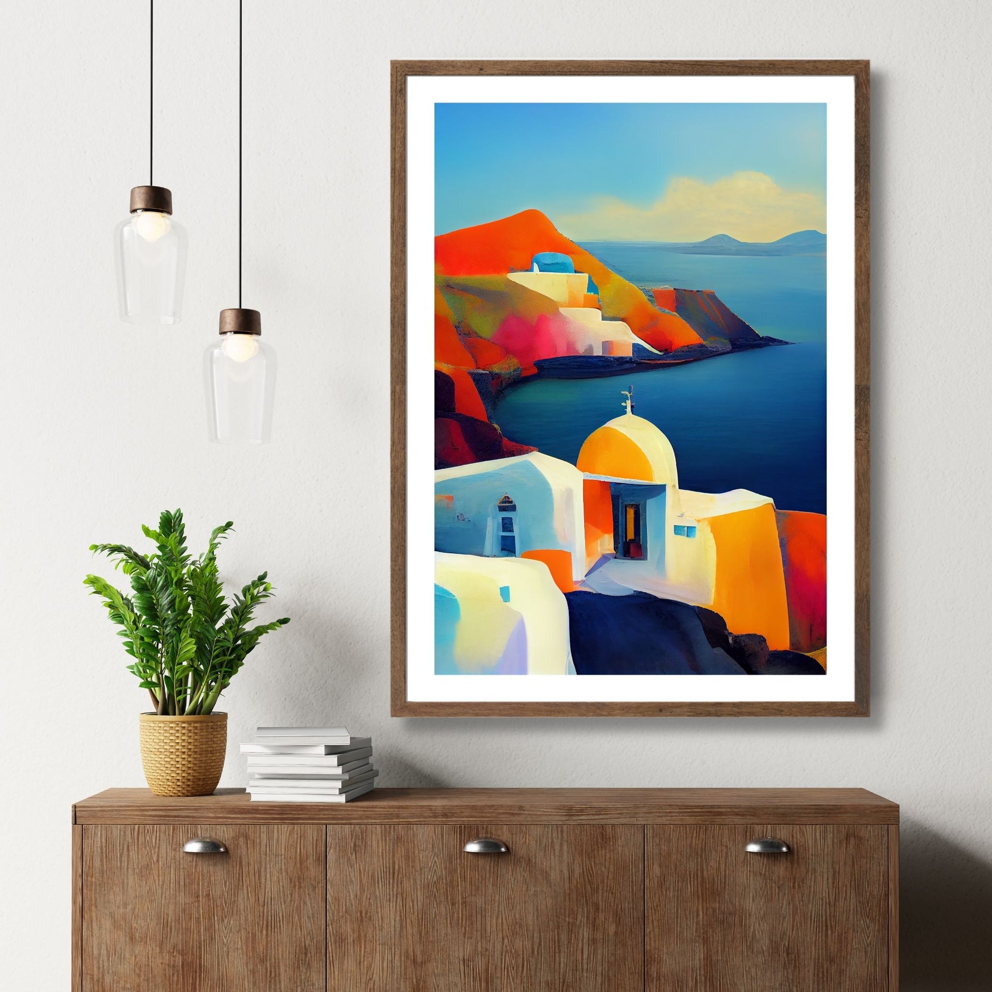 La deg forføre av Santorinis magiske skjønnhet med vår fantastiske kolleksjon av grafiske plakater og lerret. Illustrasjon viser motivet som plakat med hvit kant i brun ramme.