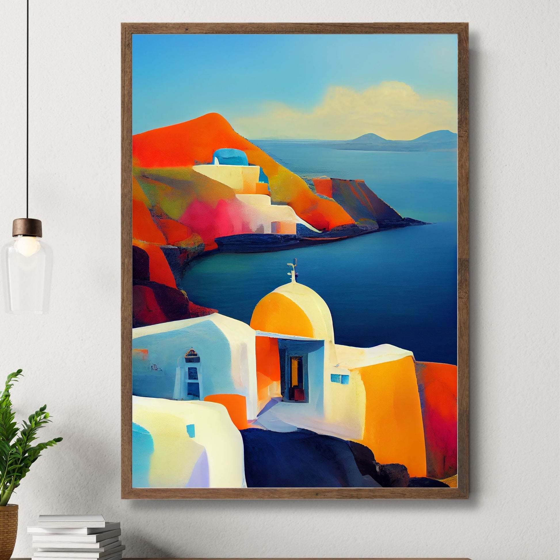La deg forføre av Santorinis magiske skjønnhet med vår fantastiske kolleksjon av grafiske plakater og lerret. Illustrasjon viser motivet som plakat i brun ramme.