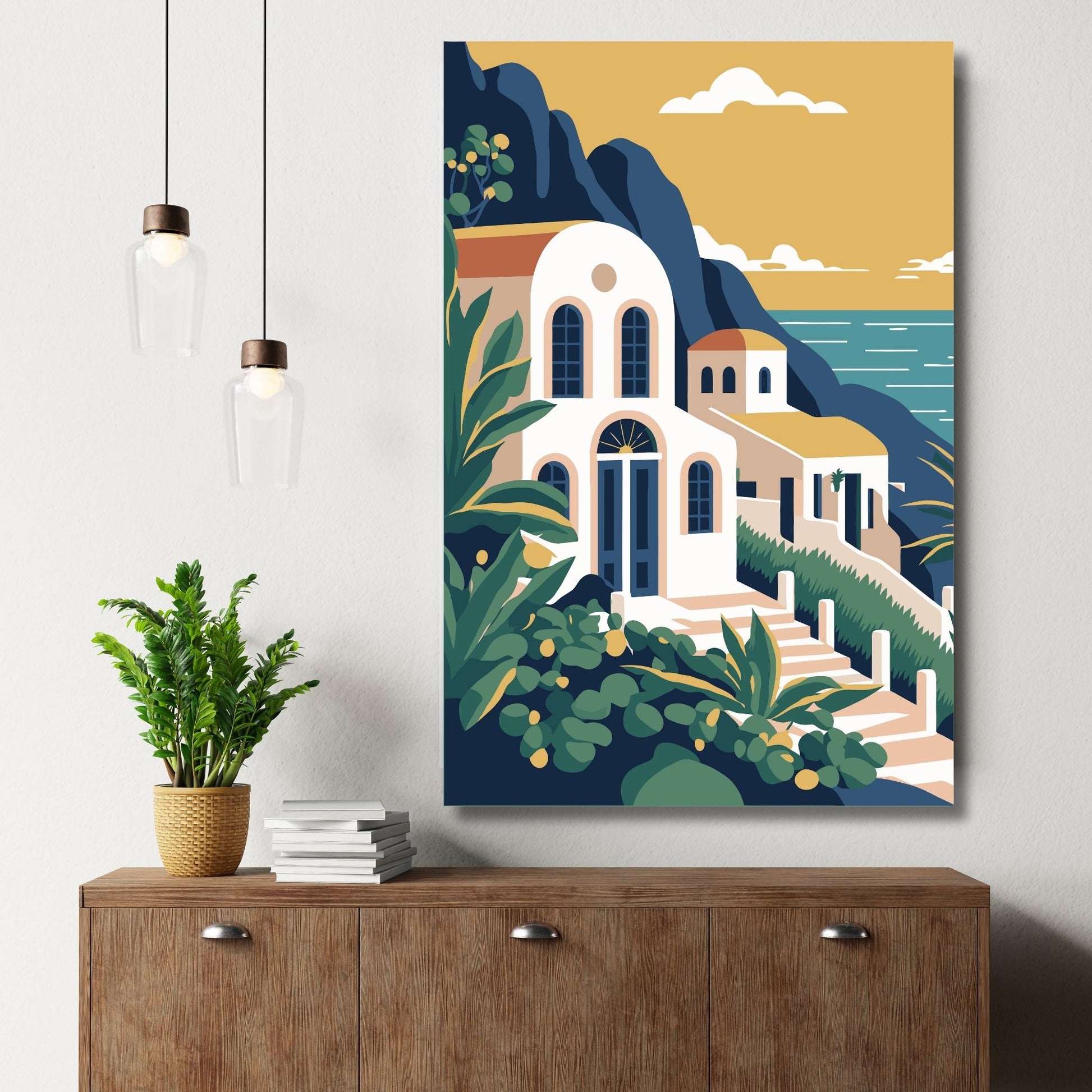 Opplev den tidløse skjønnheten av Santorini med vår eksklusive serie av grafiske plakater og lerret. Illustrasjon viser motivet på lerret.