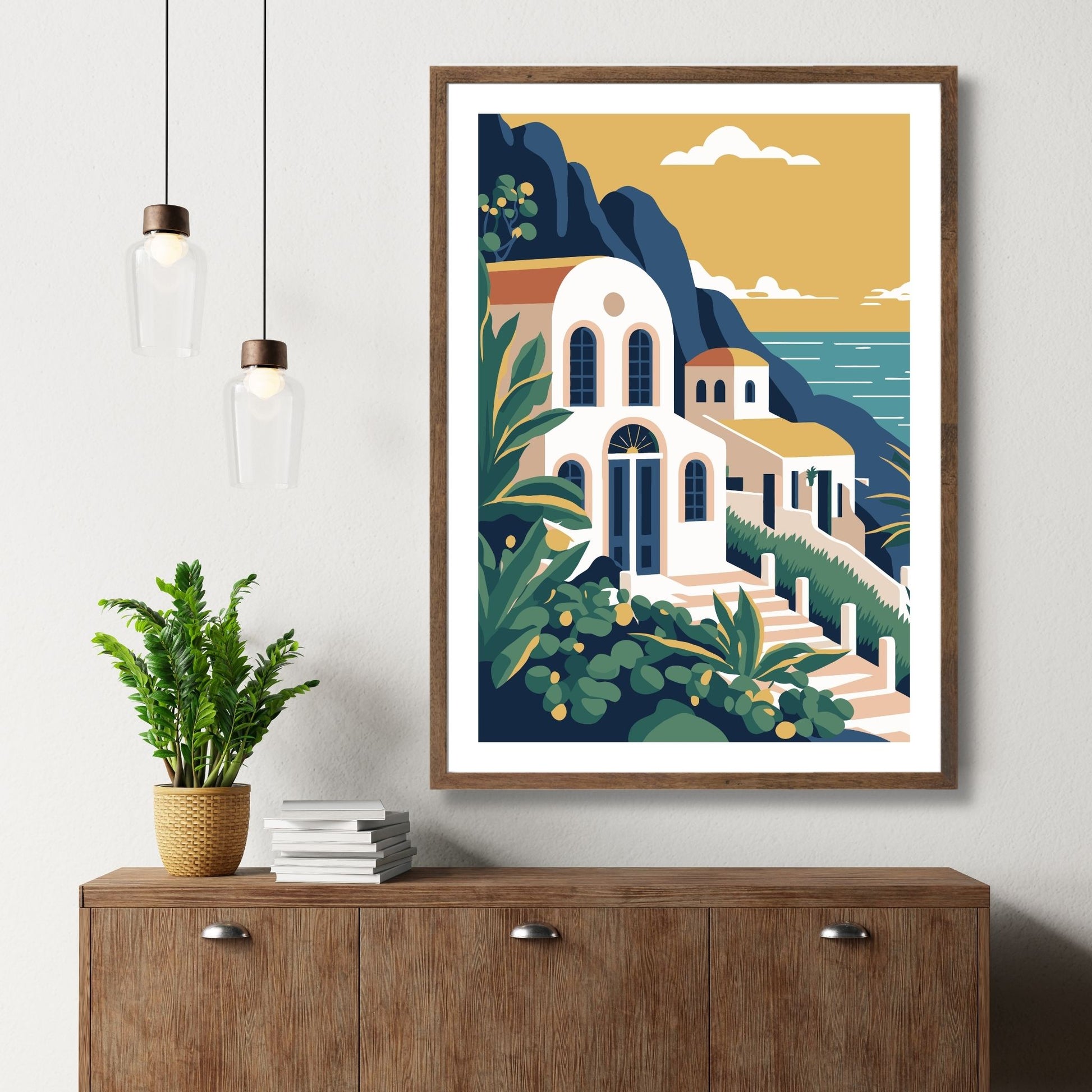 Opplev den tidløse skjønnheten av Santorini med vår eksklusive serie av grafiske plakater og lerret. Illustrasjon viser motivet som plakat med hvit kant i brun ramme.