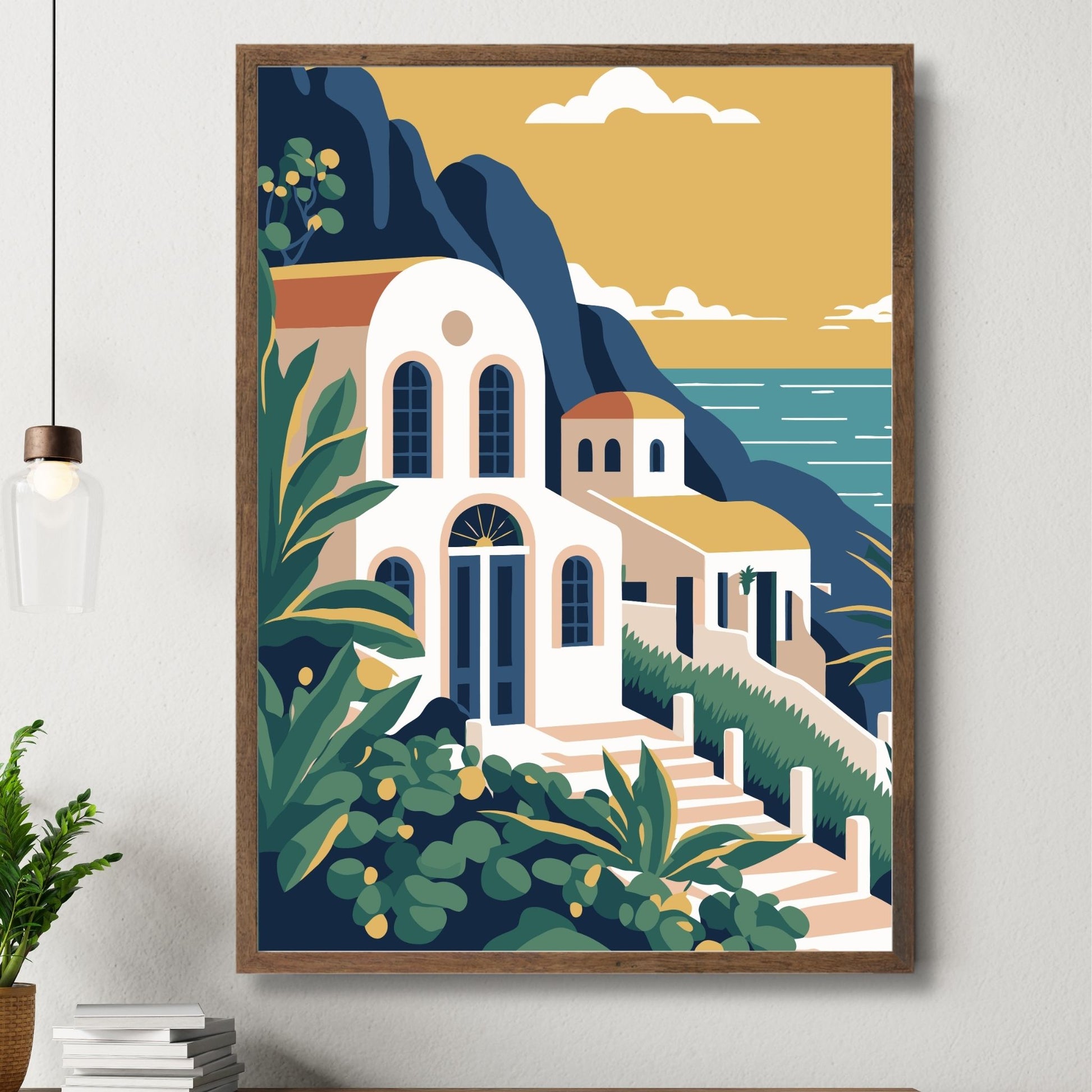 Opplev den tidløse skjønnheten av Santorini med vår eksklusive serie av grafiske plakater og lerret. Illustrasjon viser motivet som plakat i brun ramme.
