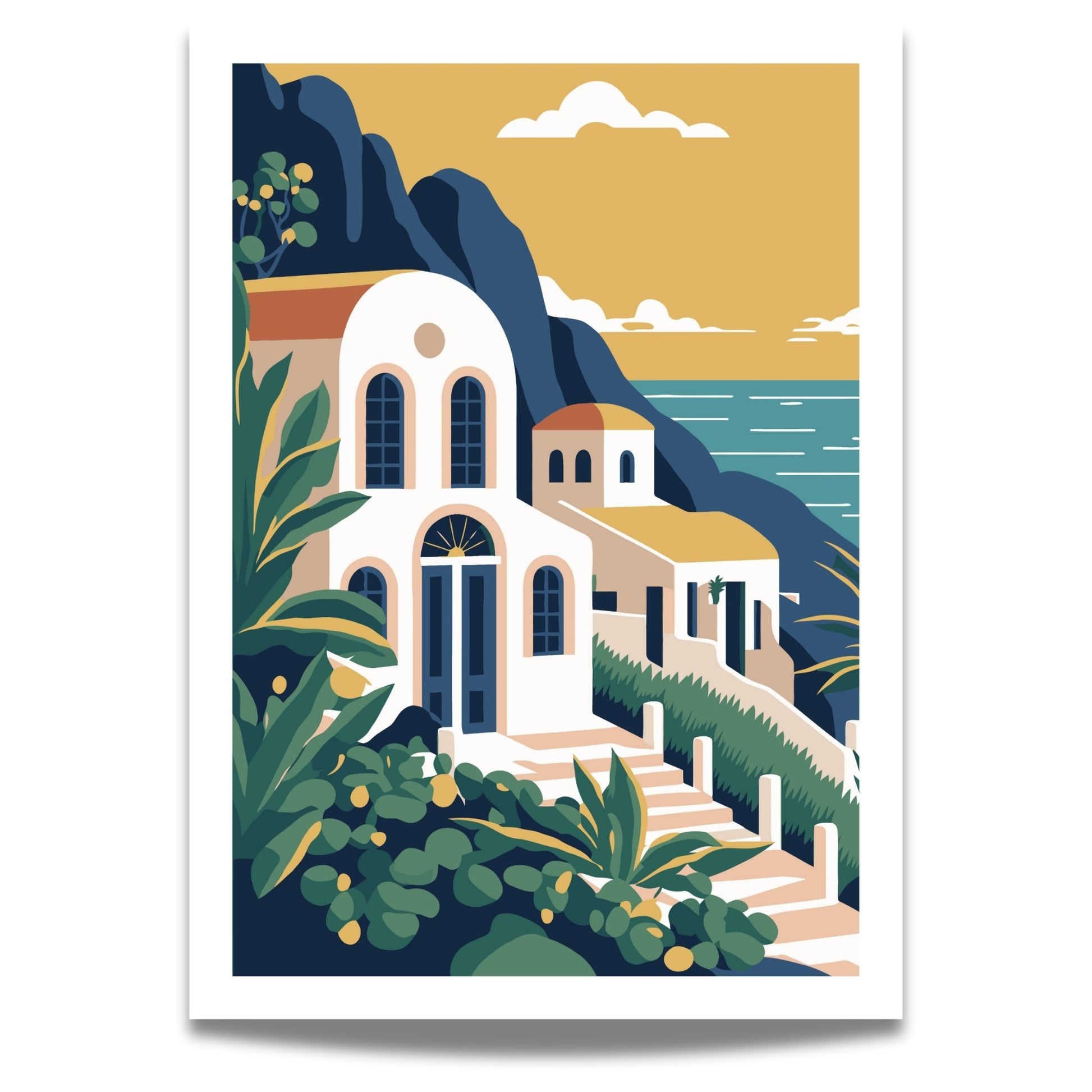 Opplev den tidløse skjønnheten av Santorini med vår eksklusive serie av grafiske plakater og lerret.