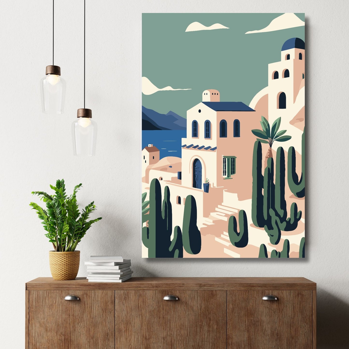 Opplev den tidløse skjønnheten av Santorini med vår eksklusive serie av grafiske plakater og lerret. Illustrasjon viser motivet på lerret.