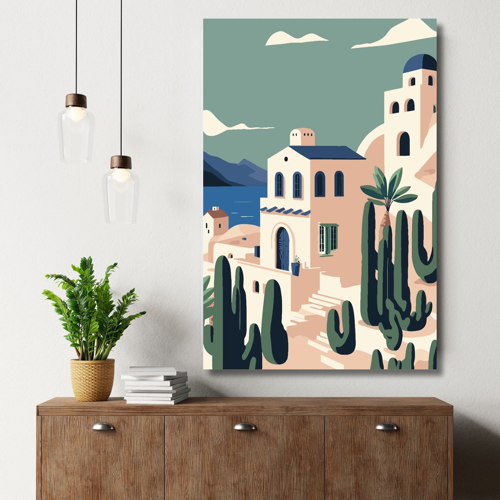 Opplev den tidløse skjønnheten av Santorini med vår eksklusive serie av grafiske plakater og lerret. Illustrasjon viser motivet på lerret.