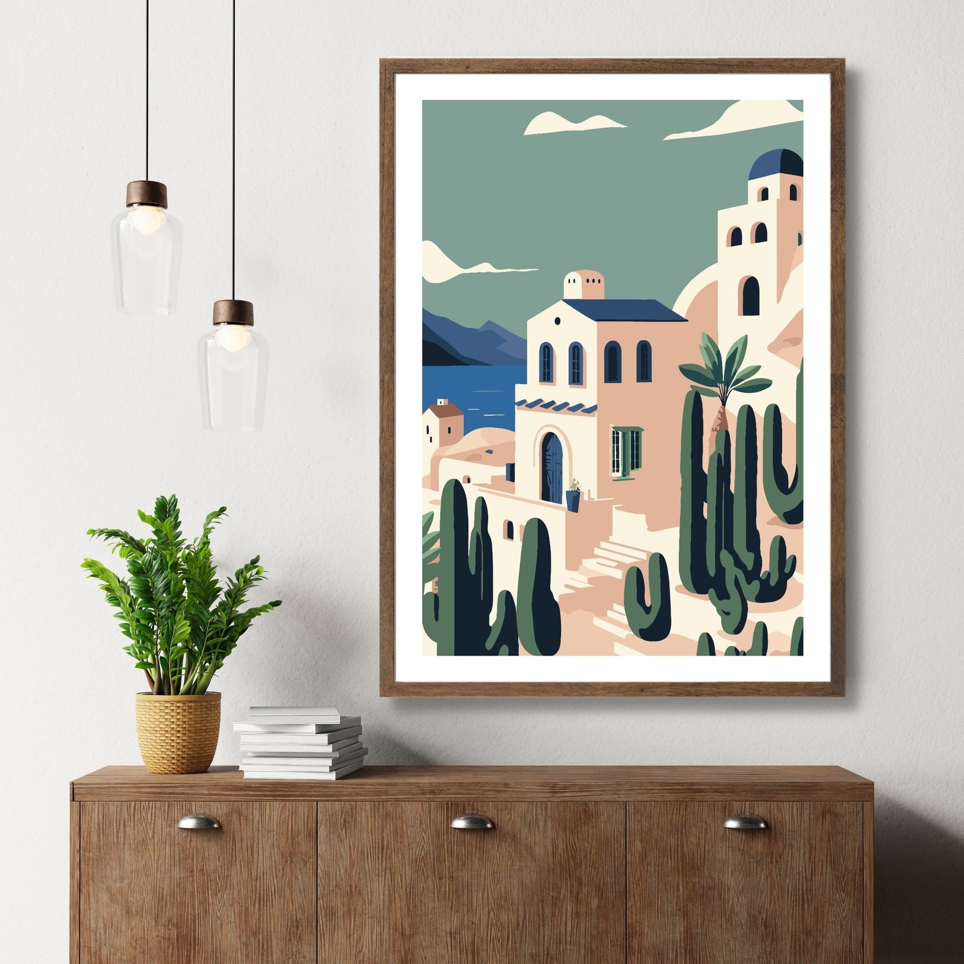 Opplev den tidløse skjønnheten av Santorini med vår eksklusive serie av grafiske plakater og lerret. Illustrasjon viser motivet som plakat med hvit kant i brun ramme.